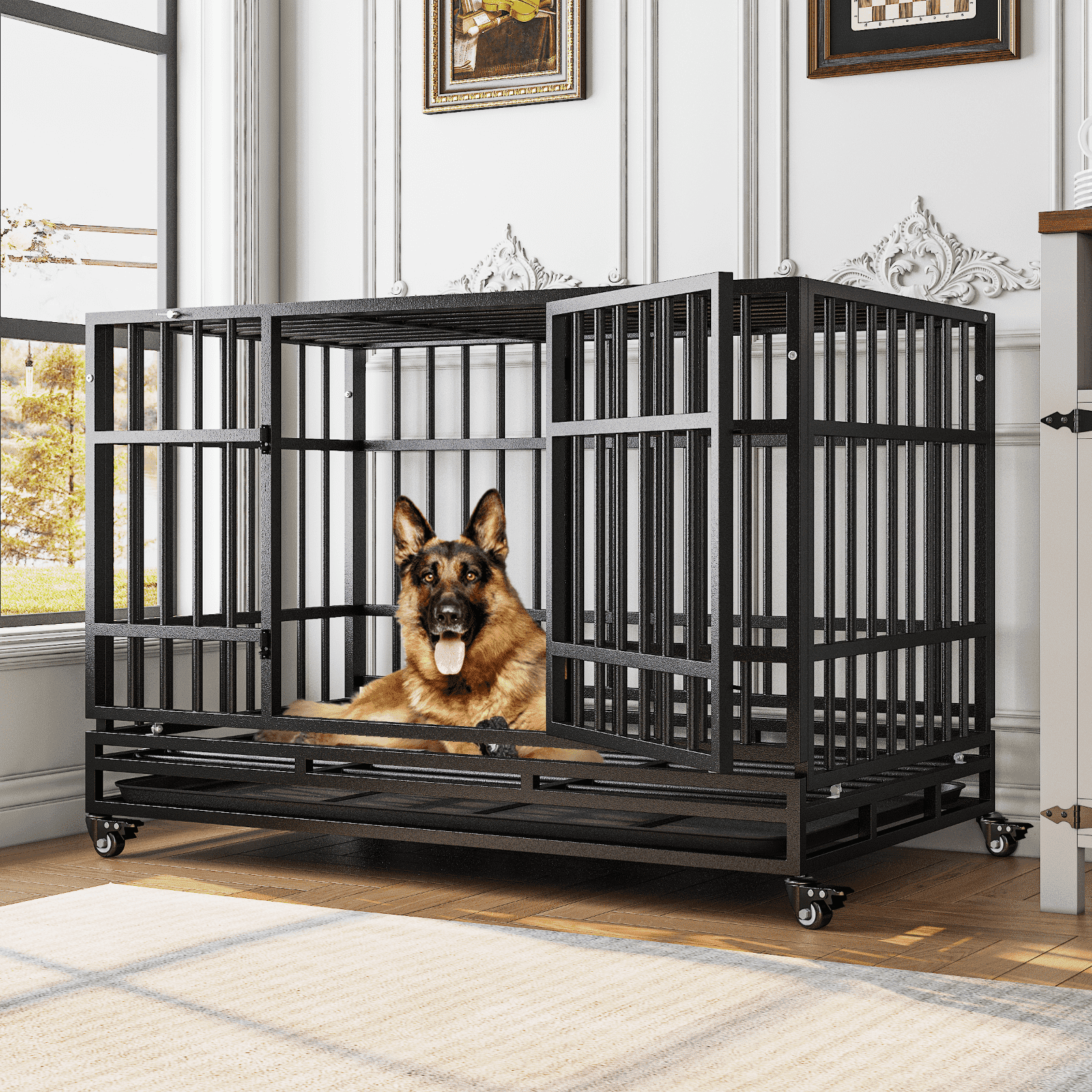 TIMHAKA 48 Inch Heavy Duty Indestructible Dog Crate w/ Double Doors Indoor Extra Large Dog Crate w/ Self-Locking Latch & Removable Tray