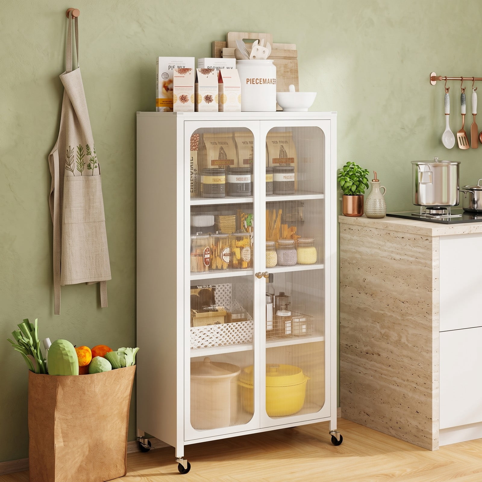 Furnibear 58 Inch Metal Bookcase with Adjustable Shelves, 4-Tier Rolling Storage Cabinet with Lockable Wheels, Transparent Doors and Anti-Tipping Kit for Home, White