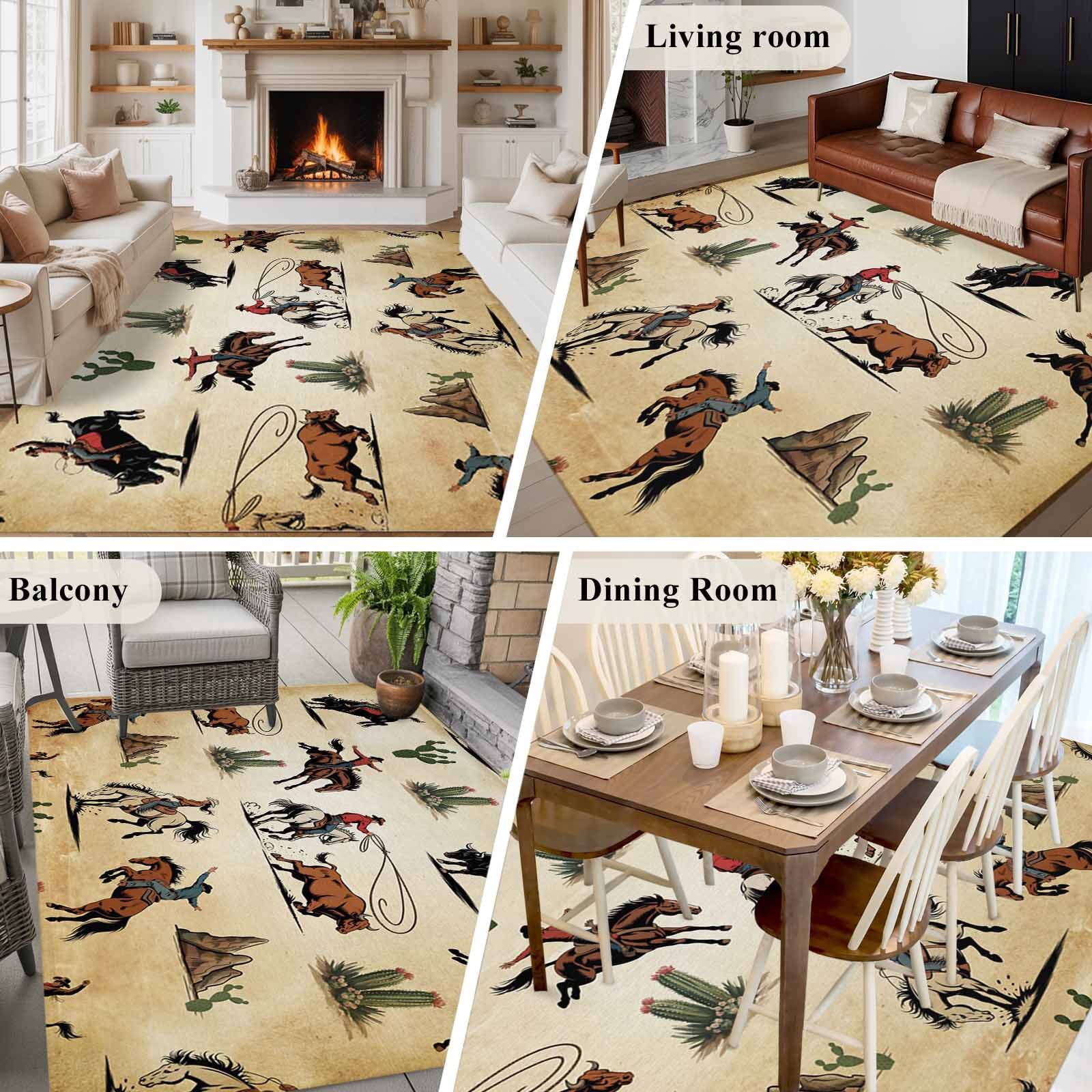 Large Area Rugs for Living Room Bedroom, Western Cowboys 5'x8' Rug Washable Carpet Runner Indoor Outdoor, Brown Vintage Country Cactus Non Slip Floor Mats Rug for Kitchen, Bathroom
