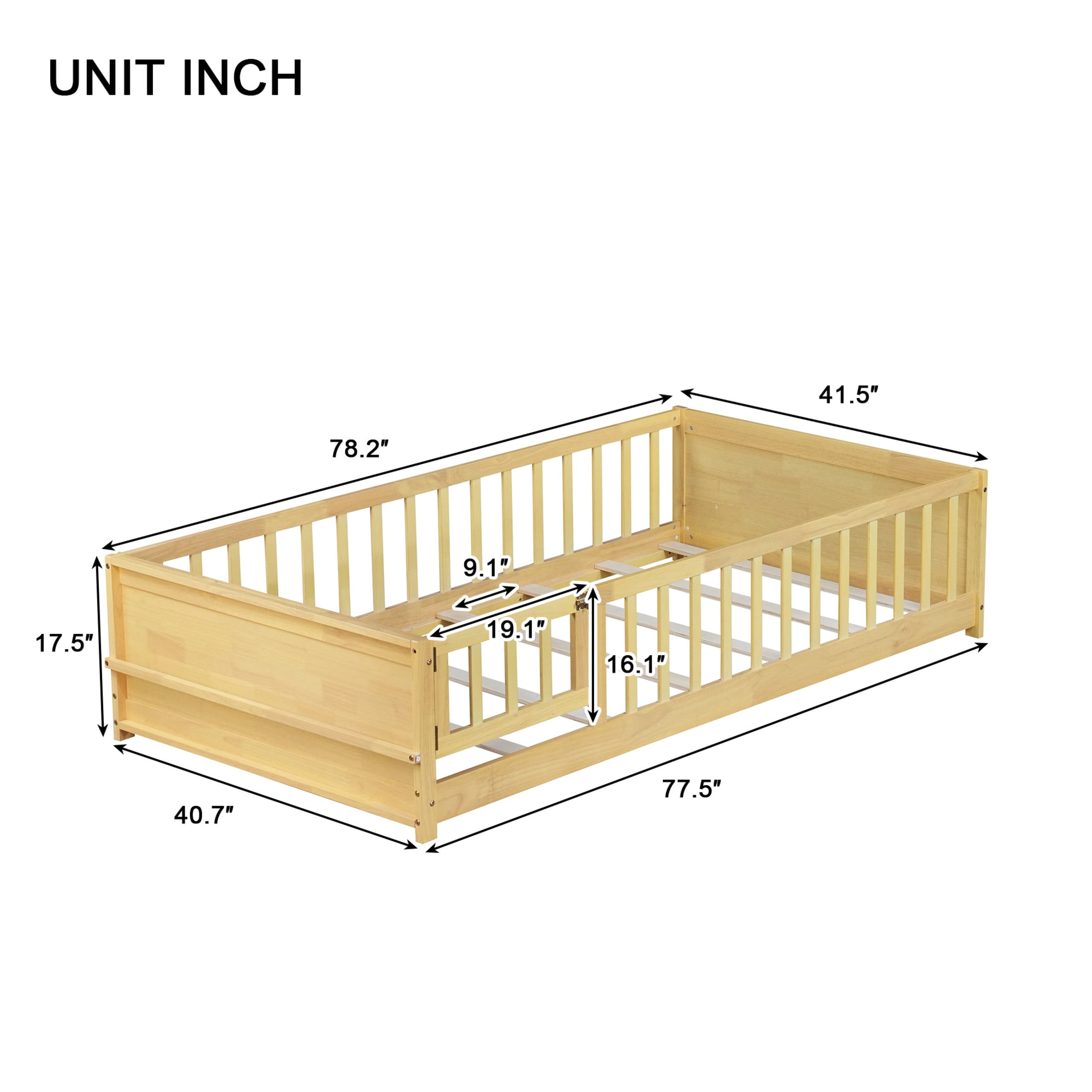 Noble House Devon Twin Floor Bed with Built-in Book Rack and Door, Sturdy Rubber Wood Montessori Bed with Fence, Natural