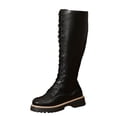 thumbnail image 2 of Women Leather Knee High Combat Boots, Round Toe Front Lace Up Side Zipper Lug Sole Tall Boots, Chunky Boots, 2 of 7