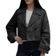 thumbnail image 3 of Womens Cropped Bike Jacket Casual Double Breasted Trench Coat Black M, 3 of 9
