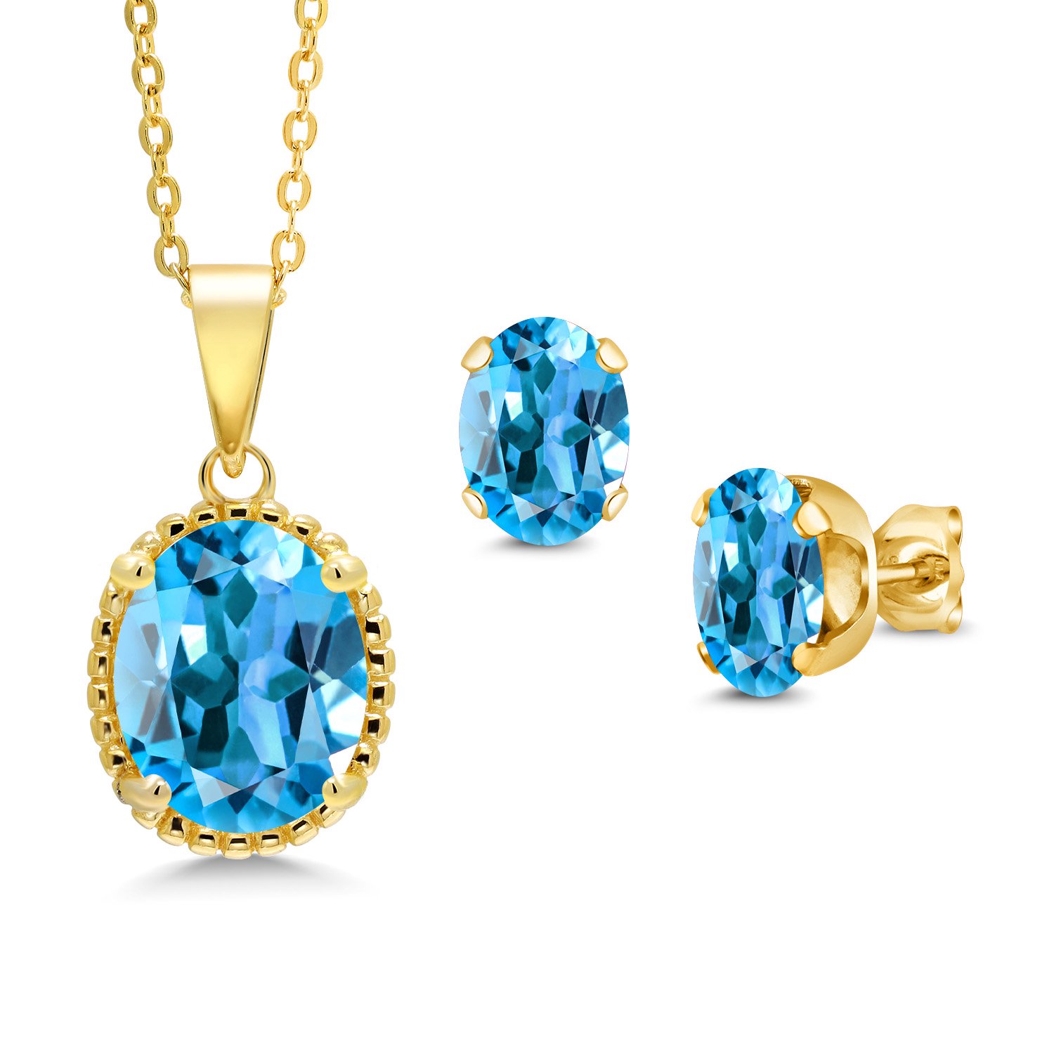 Gem Stone King 7.00 Ct Swiss Blue Topaz 18K Yellow Gold Plated Silver Pendant and Earrings Jewelry Set