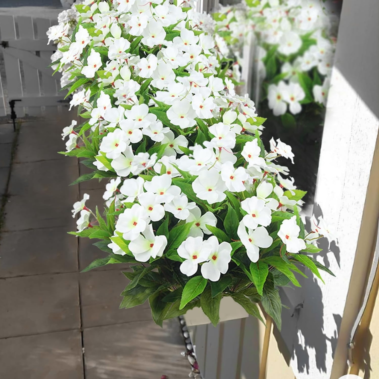 Artificial Impatiens Flowers 4 Pcs Silk Impatiens Flower White Faux Greenery Fake Flowers Bushes for Hanging Basket Porch Office Wedding Decor,16 inch,HYG
