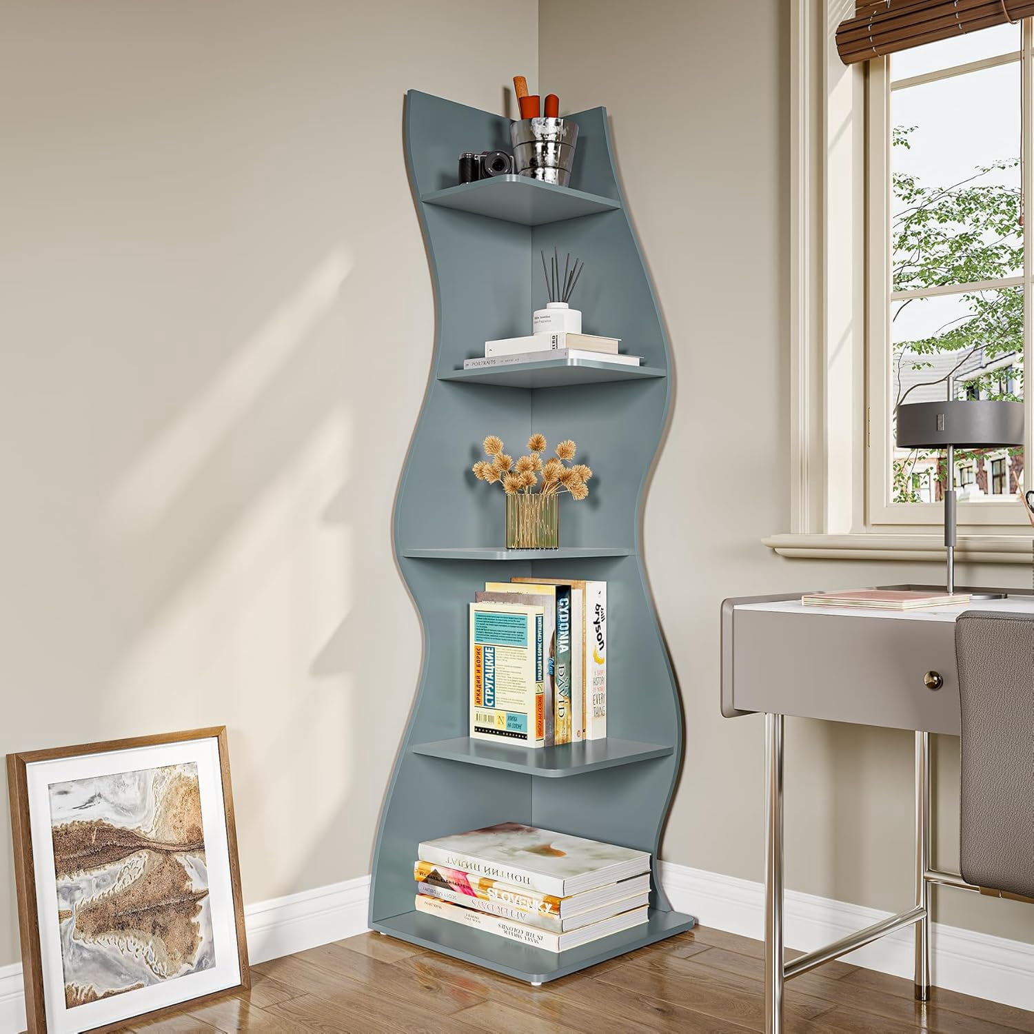 Tribesigns Small Corner Shelf, 5-Tier Modern Corner Bookcase for Small Space, Living Room (Blue)