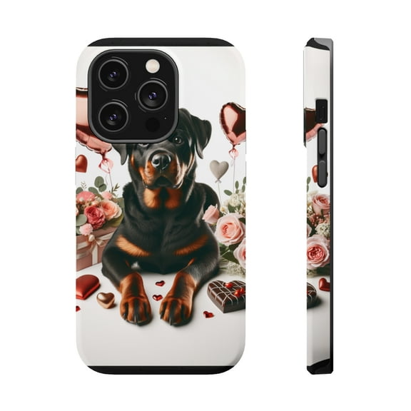 DistinctInk Tough Case for Apple iPhone 14 Pro MAX (6.7" Screen), Compatible with MagSafe Charging - Valentine's Day Rottweiler