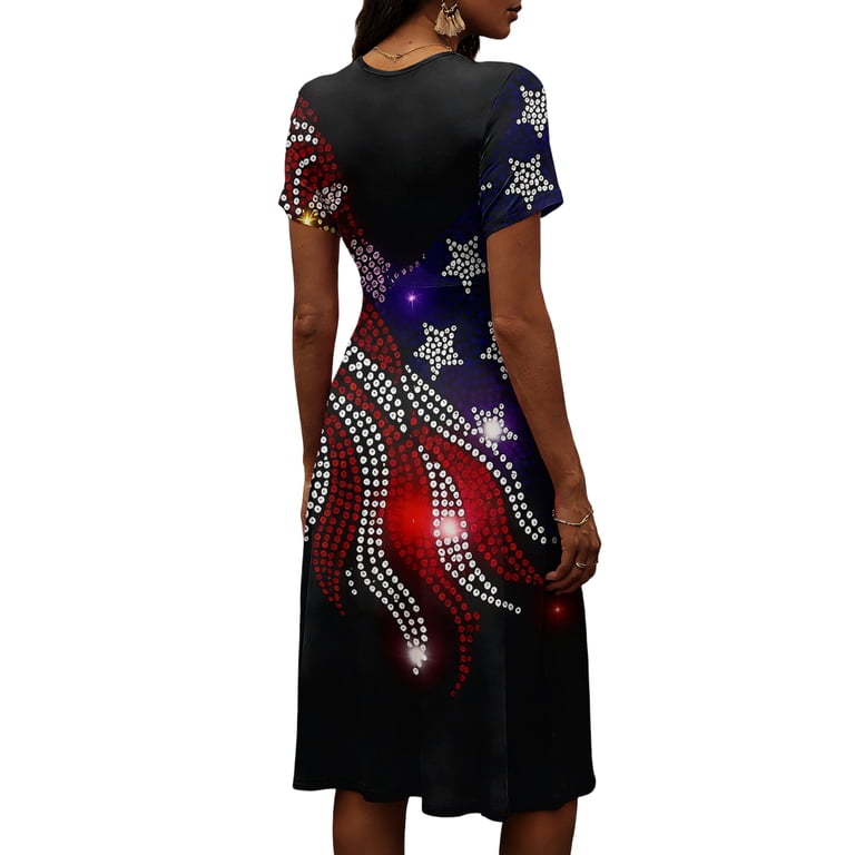 Red White and Blue Dress for Women Star Striped Dresses A-Line Summer V Neck Short Sleeve America Clothes Flowy Dresses