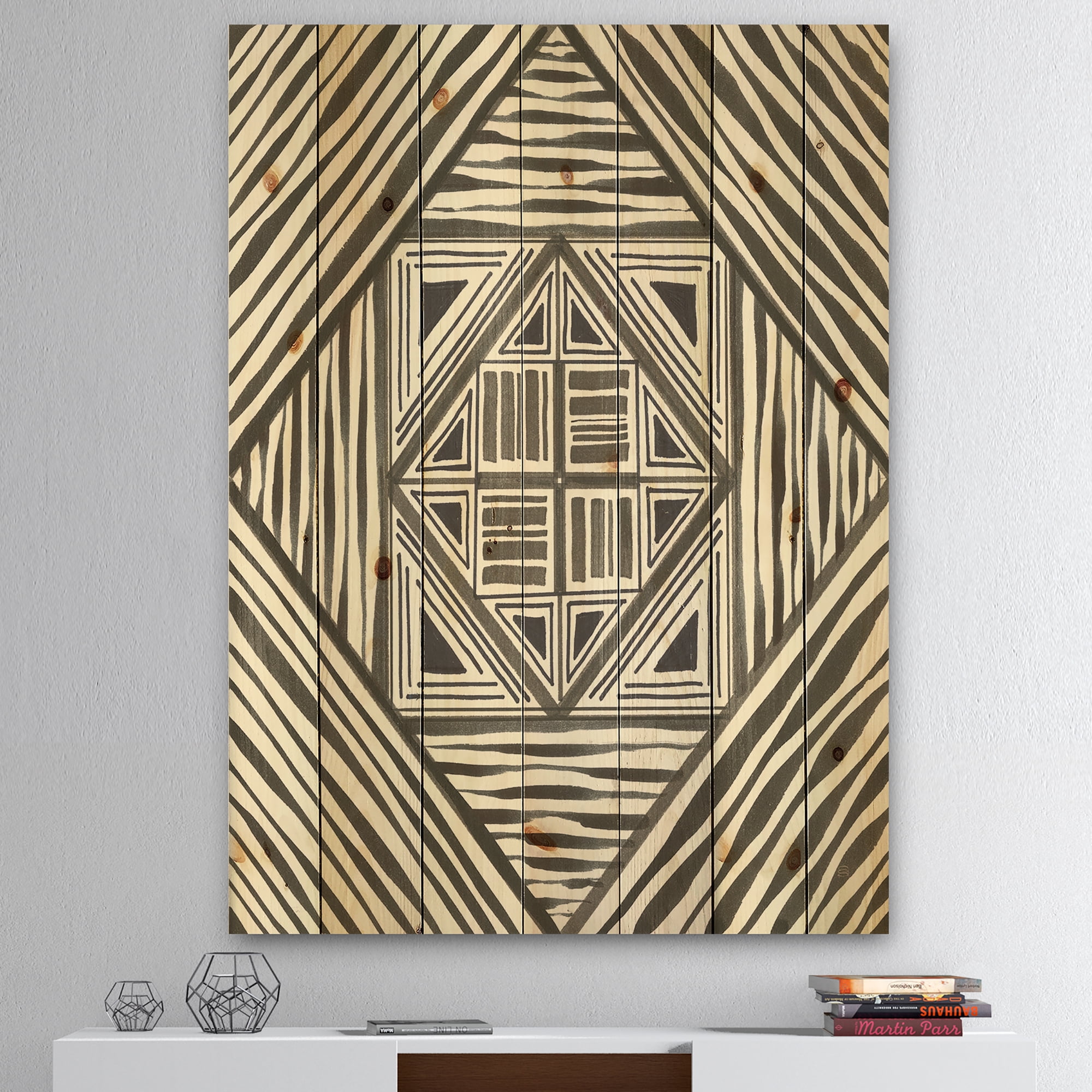 Designart 'Minimalist Monochrome Graphics III' Transitional Print on Natural Pine Wood