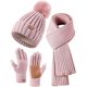 thumbnail image 1 of Conjunto de guantes y bufanda sin ala para invierno, gorro sin ala para mujer con pompón, bufanda larga, guantes cálidos para pantalla táctil, juego 3 en 1, 1 of 5