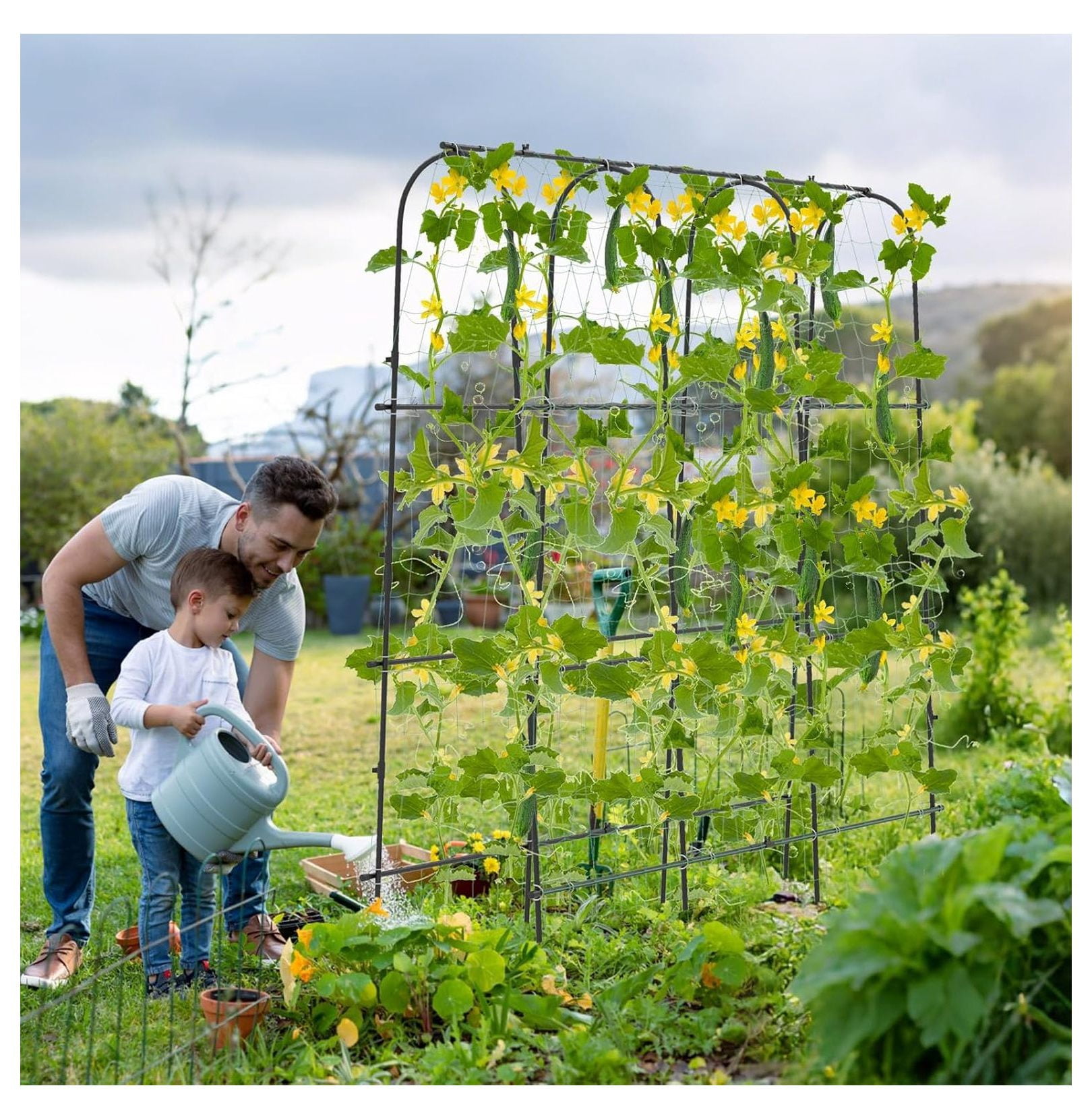 71" x 71" Cucumber Trellis for Raised Bed, Garden Arch Trellis Metal Plant Support Frame with Netting, Sure-Clips & Ground Stakes, U-Shaped Garden Trellis for Climbing Plants Outdoor
