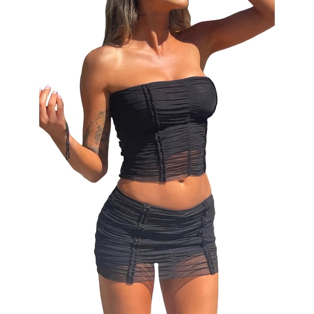 VISgogo Traje de verano de 2 piezas para mujer, tops sin tirantes fruncidos de color sólido + conjunto de falda de cintura baja para damas, negro/albaricoque VISgogo moda