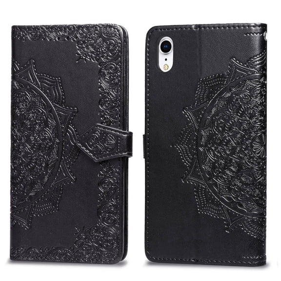 iPhone Xr Wallet Cases and Covers, Allytech Slim Premium PU Flip Stand Cover Mandala Embossed Full Body Protection with Card Holder Magnetic Closure for iPhone Xr, Black