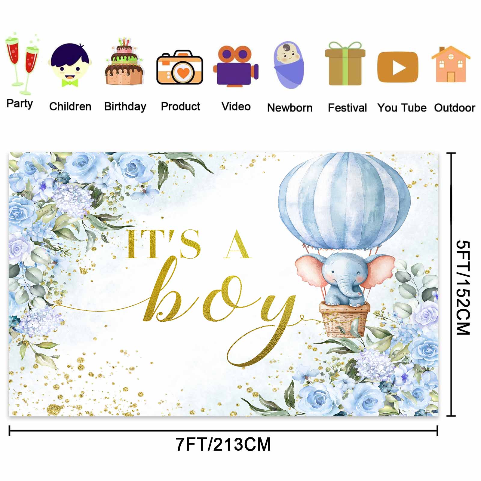 15 x 10 ft Its a Boy Backdrop for Baby Shower Decorations, Blue Flower Little Elephant Boy Baby Shower Decorations Photoshoot Backdrop Banner for Gender Reveal Celebration Background