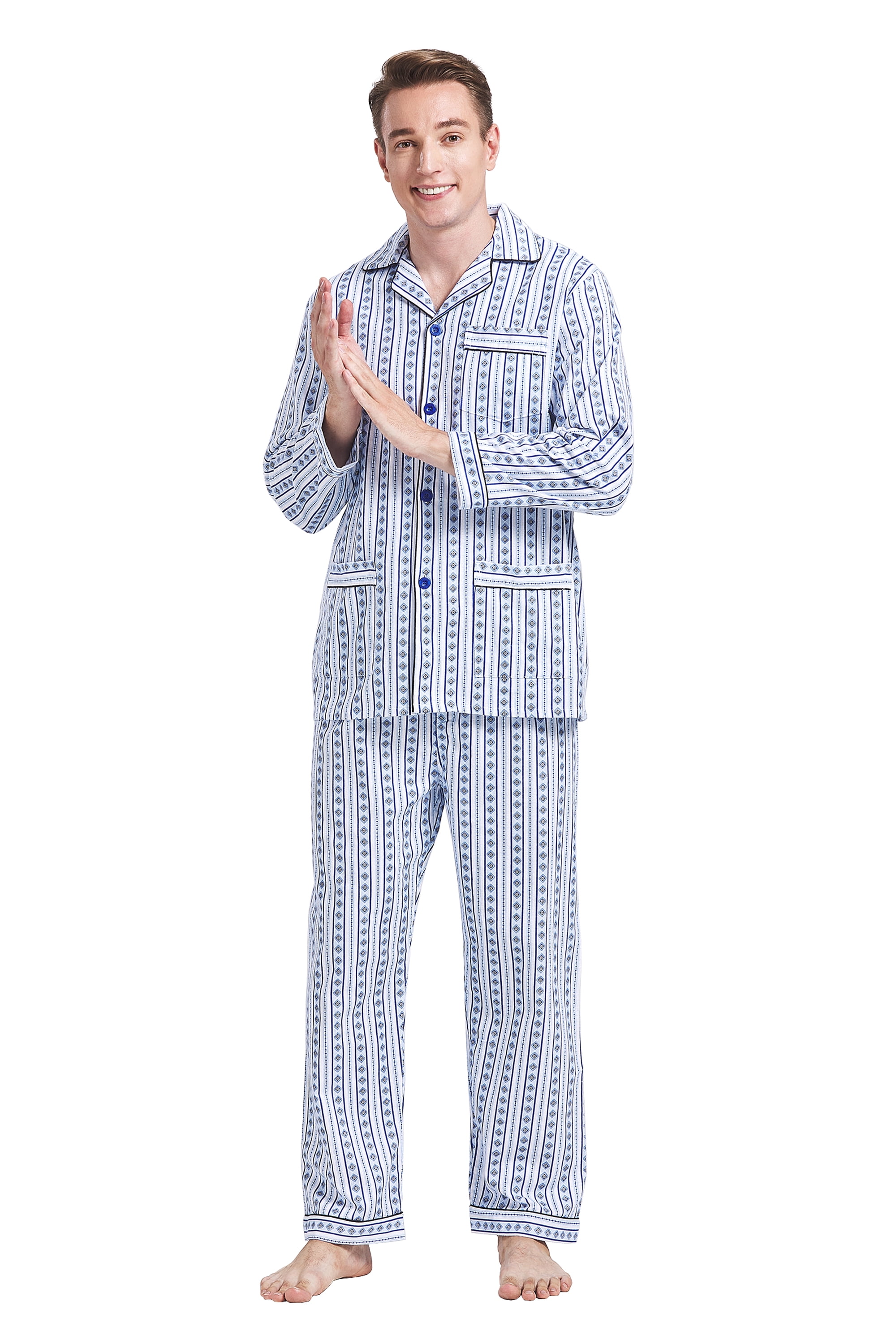 GLOBAL Men's Pajamas Sets 100 Cotton Flannel Sleepwear LongSleeve Top