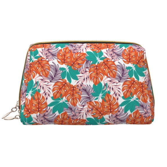 Naloa Hawaiian Style Leather Makeup Bag for Purse Travel, Portable Small Cosmetic Organizer for Women and Girls, Make up Bag with Zipper