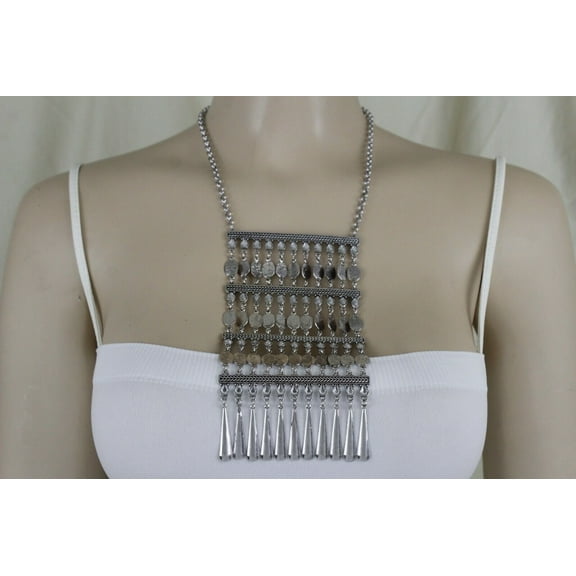 Women Silver Metal Bulky Ethnic Style Fashion Jewelry Necklace Water Drop Charms