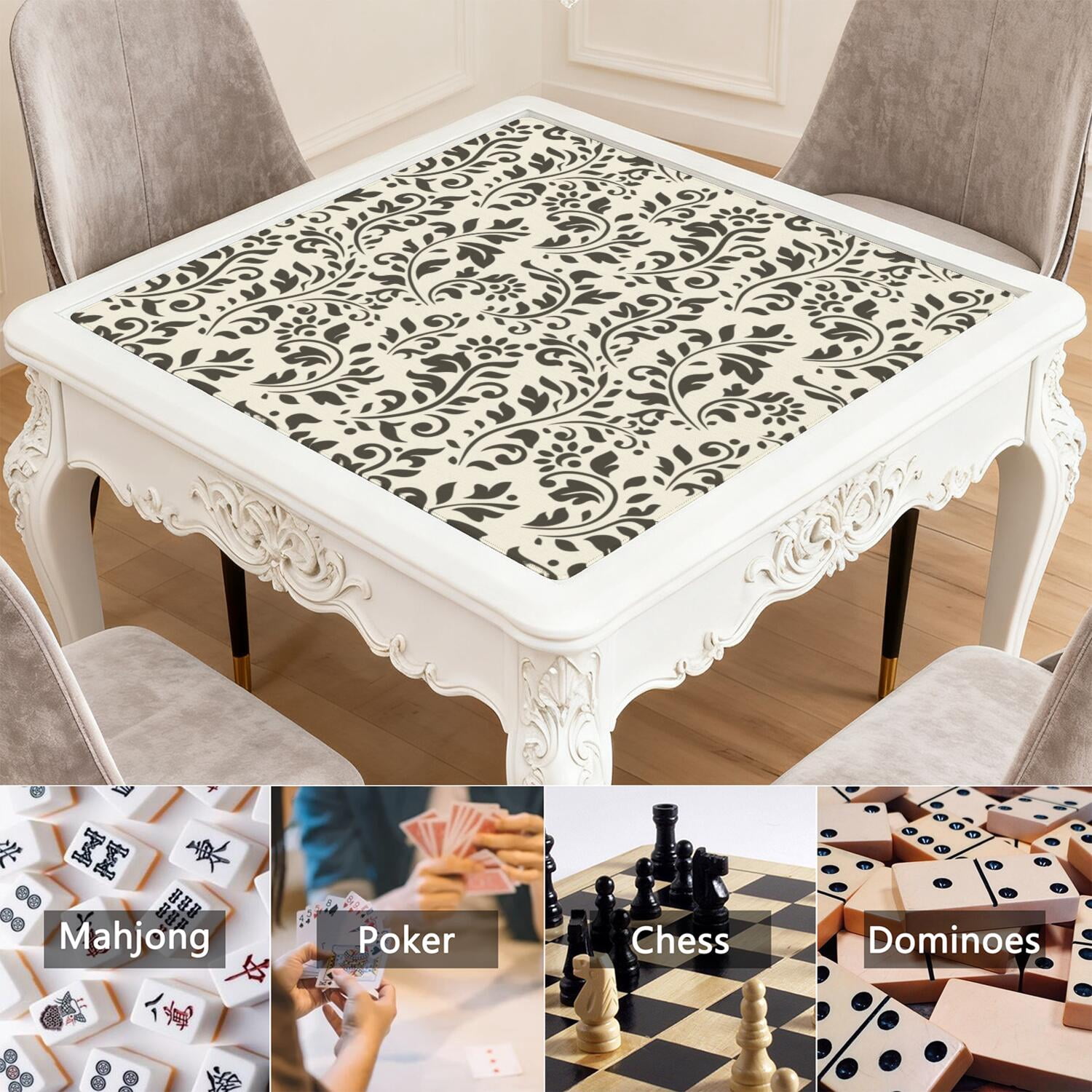 Floral Style Mahjong Game Mat 31.5 Inch Square Rubber Construction Offers Non-Slip Grip and Sound Control for Tiles