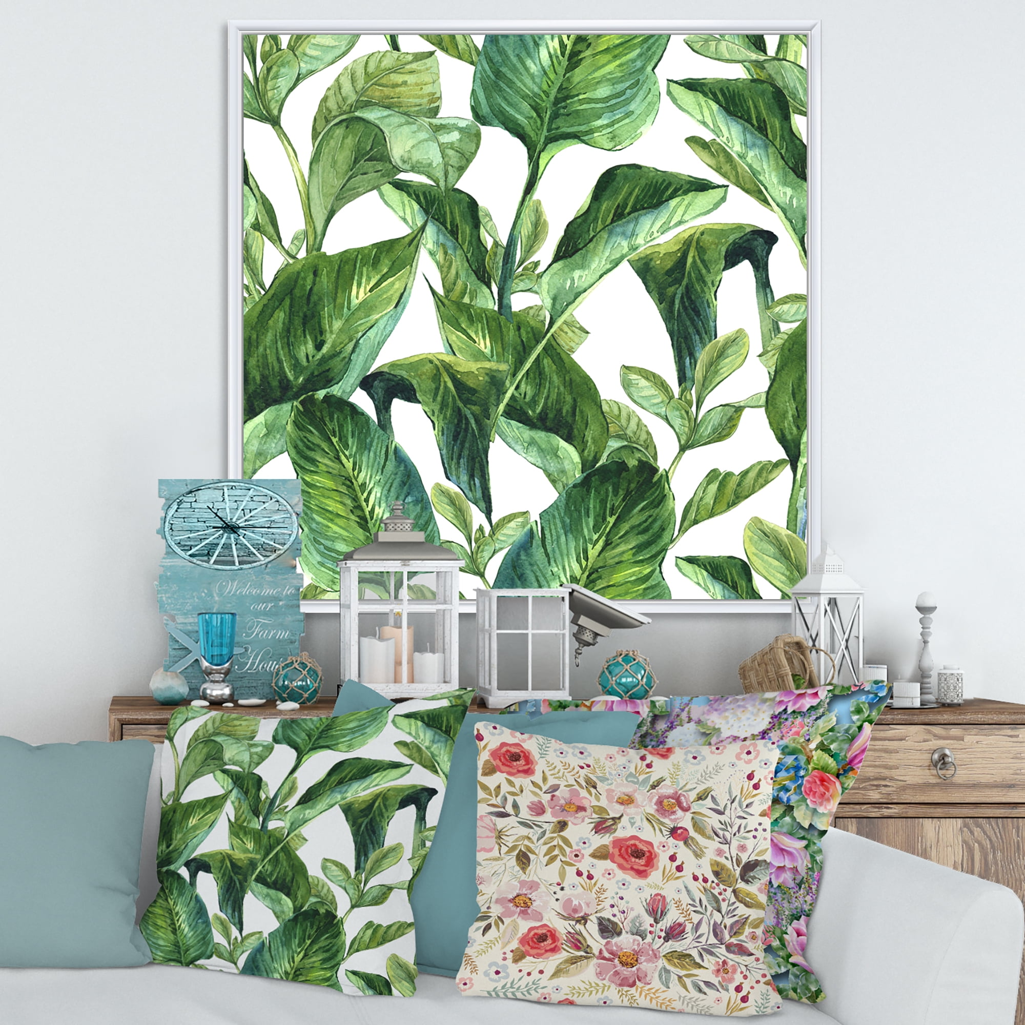 Foliage Of Tropical Leaves On White 30 in x 30 in Framed Painting Canvas Art Print, by Designart