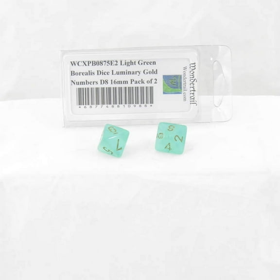 Light Green Borealis Dice Luminary with Gold Numbers D8 Aprox 16mm (5/8in) Pack of 2 Wondertrail