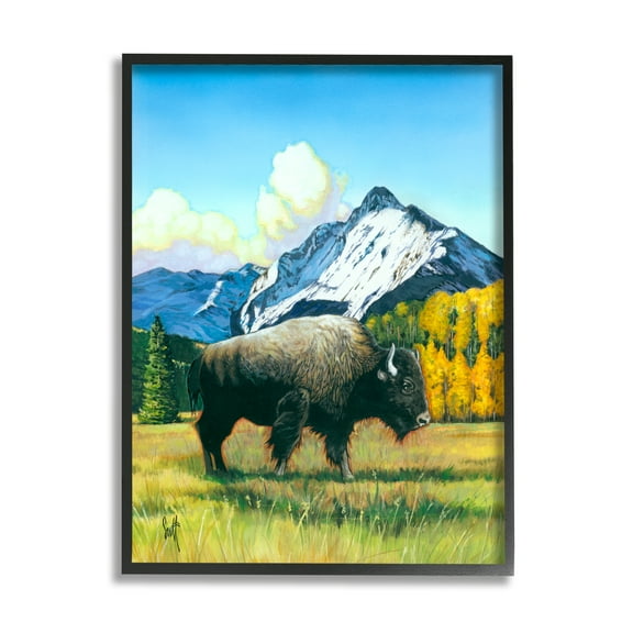 Stupell Industries Bison Rural Mountain Painting Animals & Insects Painting Black Framed Art Print Wall Art, 16 x 20