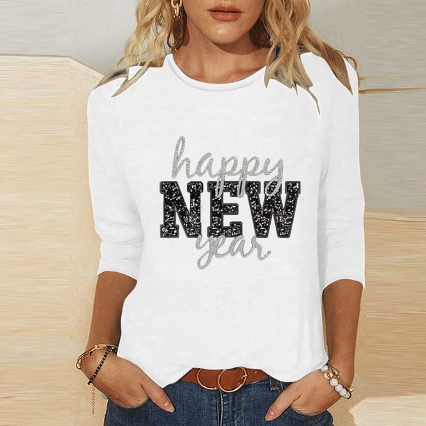 TaTaai 3/4 Sleeve Round Neck Printed Top, Women's Loose Casual Blouse, Versatile Cool Design, Suitable for Home Daily Casual Outfits Gift