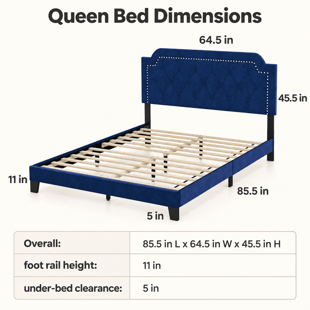 Furnibear Queen Size Bed Frame Velvet Upholstered Platform Bed Frame with Nailhead Trim Button Tufted Headboard for Bedroom, Blue