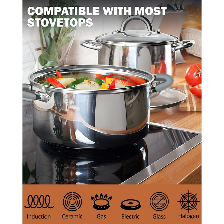 Stainless Steel Pot Set, 6 Piece Kitchen Induction Cookware Sets with Glass  Lids, Stay Cool Handle, Works with Induction, Electric and Gas Cooktops