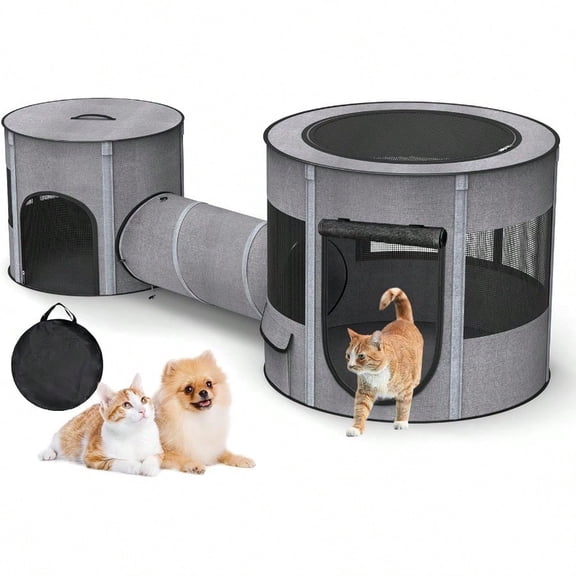 Portable Cat Playpen with Tunnel 3 in 1 Foldable Puppy Play Pen Waterproof Bottom Enclosed 2-Room Separable Pet Tent for Indoor/Outdoor Multi-Purpose Enclosure Crate Cage for Kitten Dog Rabbit