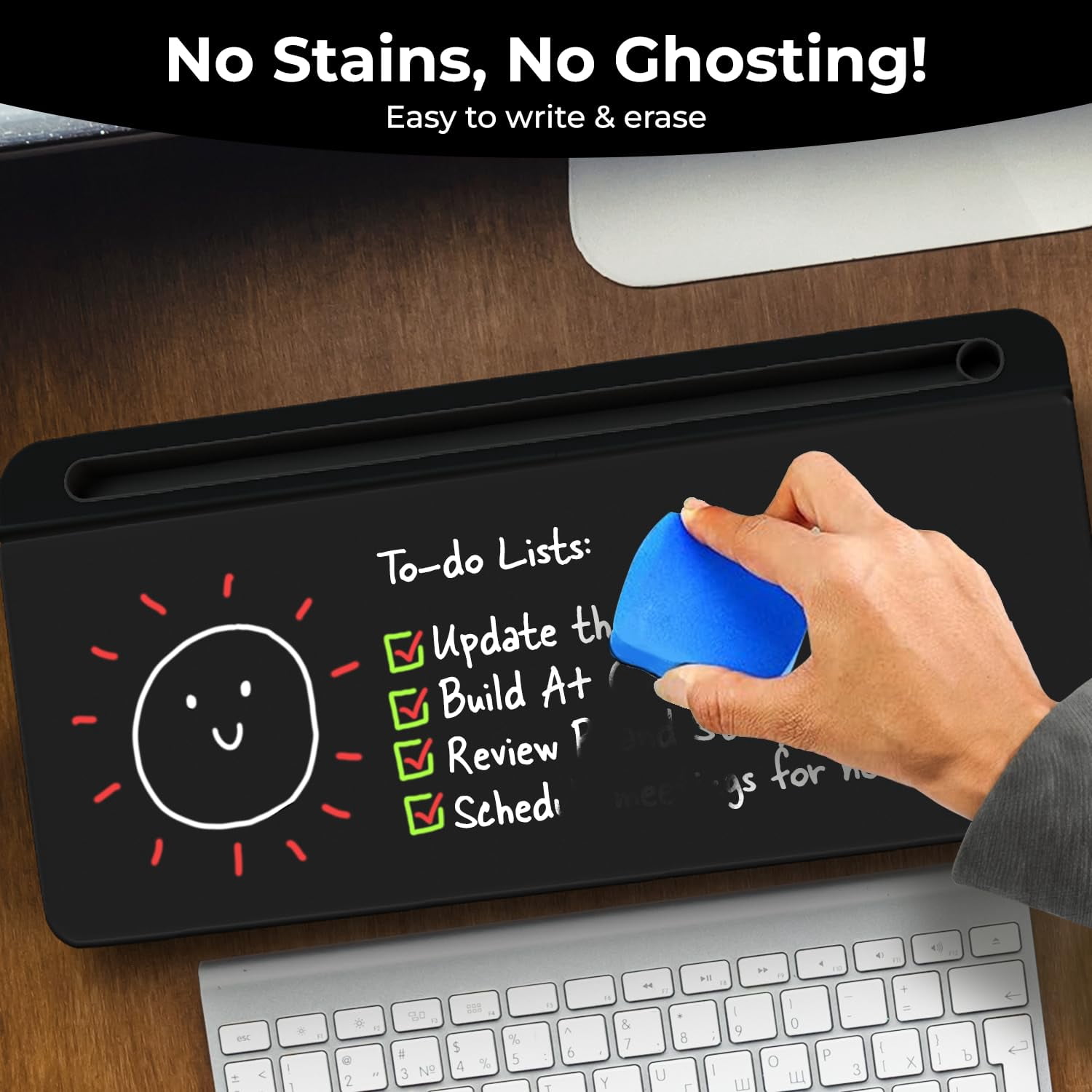 Black Glass Desktop Whiteboard With Storage - Dry Erase Board  Work Desk Organizers Computer Stand Home Office Accessories Workspace Buddy + 3 Markers