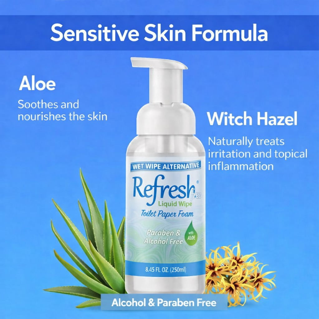 Refresh Liquid Wipe Free Toilet Paper Foam; Sensitive Skin Formula, Witch Hazel and Aloe, Light Natural Scent, 2 Count