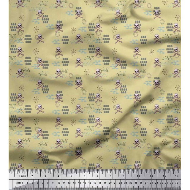 Soimoi Beige polyester Crepe Fabric Crossbone & Skull Halloween Print Fabric by Yard 42 Inch Wide
