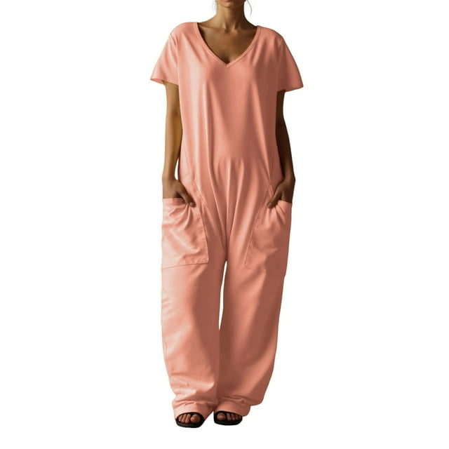 TrendOFT Combinaison une Pièce Femme Décontractée Été Ample Col en V Manches Courtes Confortable Poches Orange L