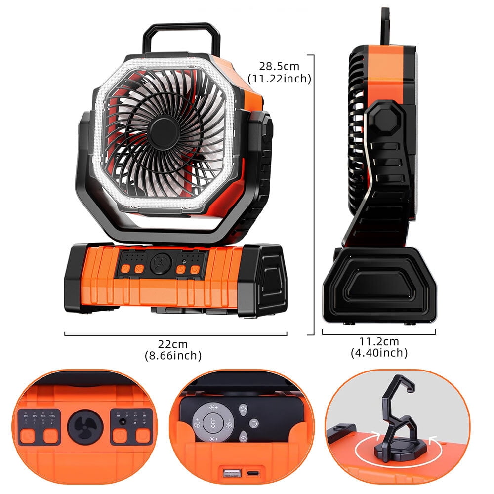 Camping Fan, Kepeak 20000mAh Rechargeable Personal Fan with Remote, Light, and Hook for Travel, Camping, Tent, Office - Orange