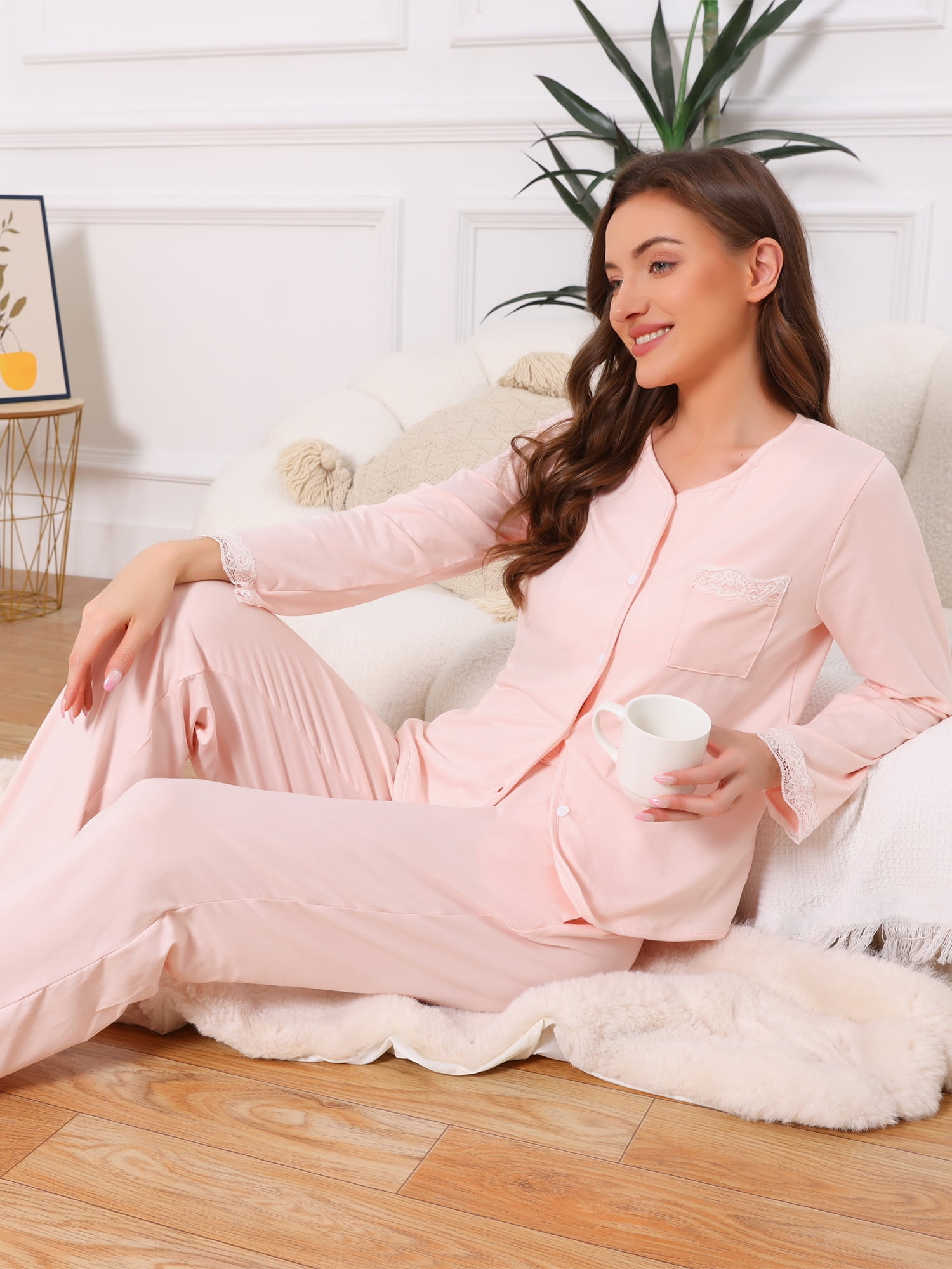 DARING DIVA Pajama Sets Lace Trim Elastic Waist Pant Loungewear S Pink