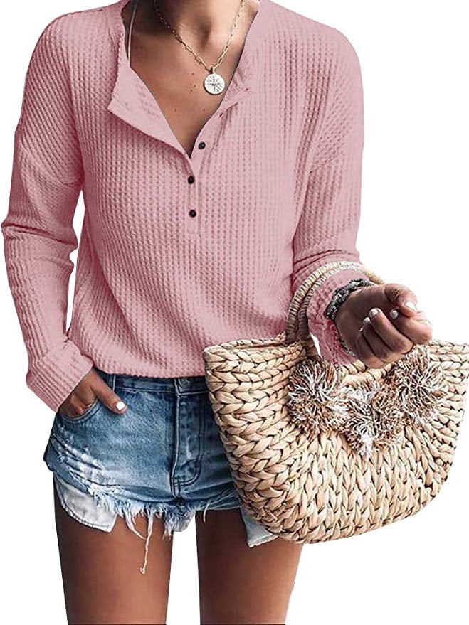 Women V Neck Long Sleeve Button Down 