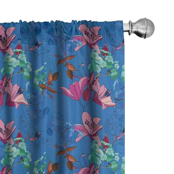 Ambesonne Floral Curtains, Blooming Lilies and Phloxes, Pair of 28"x84", Azure Blue Multicolor