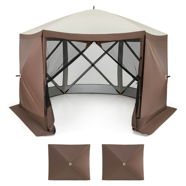 Costway 11.5 X 11.5 FT Pop-up Gazebo Tent with Mesh Netting Walls 2 Removable Privacy Wind Cloths