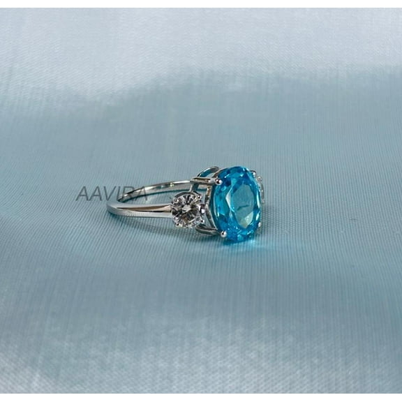 Blue Topaz Oval Ring, Oval Cut Blue Engagement Ring, Three Stone Engagement Ring, Diamond Ring For Women's, November Birthstone, Womens Gift