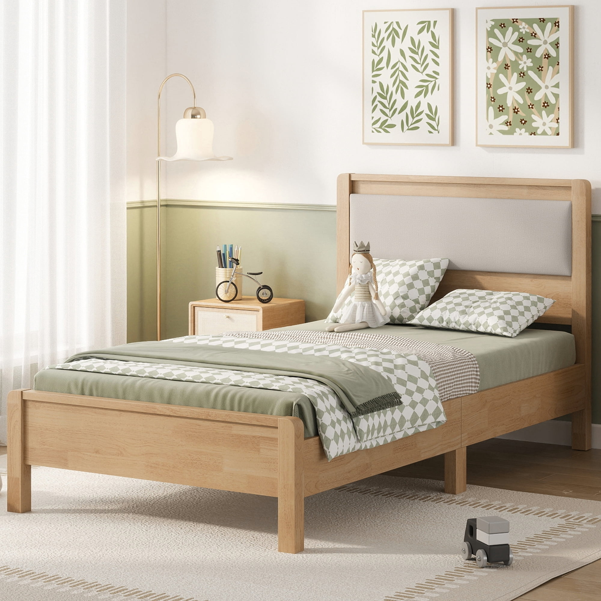 HOQBN Twin XL Solid Rubberwood Bed Frame with Upholstered Headboard, Reinforced Central Support Legs for Bedroom Natural