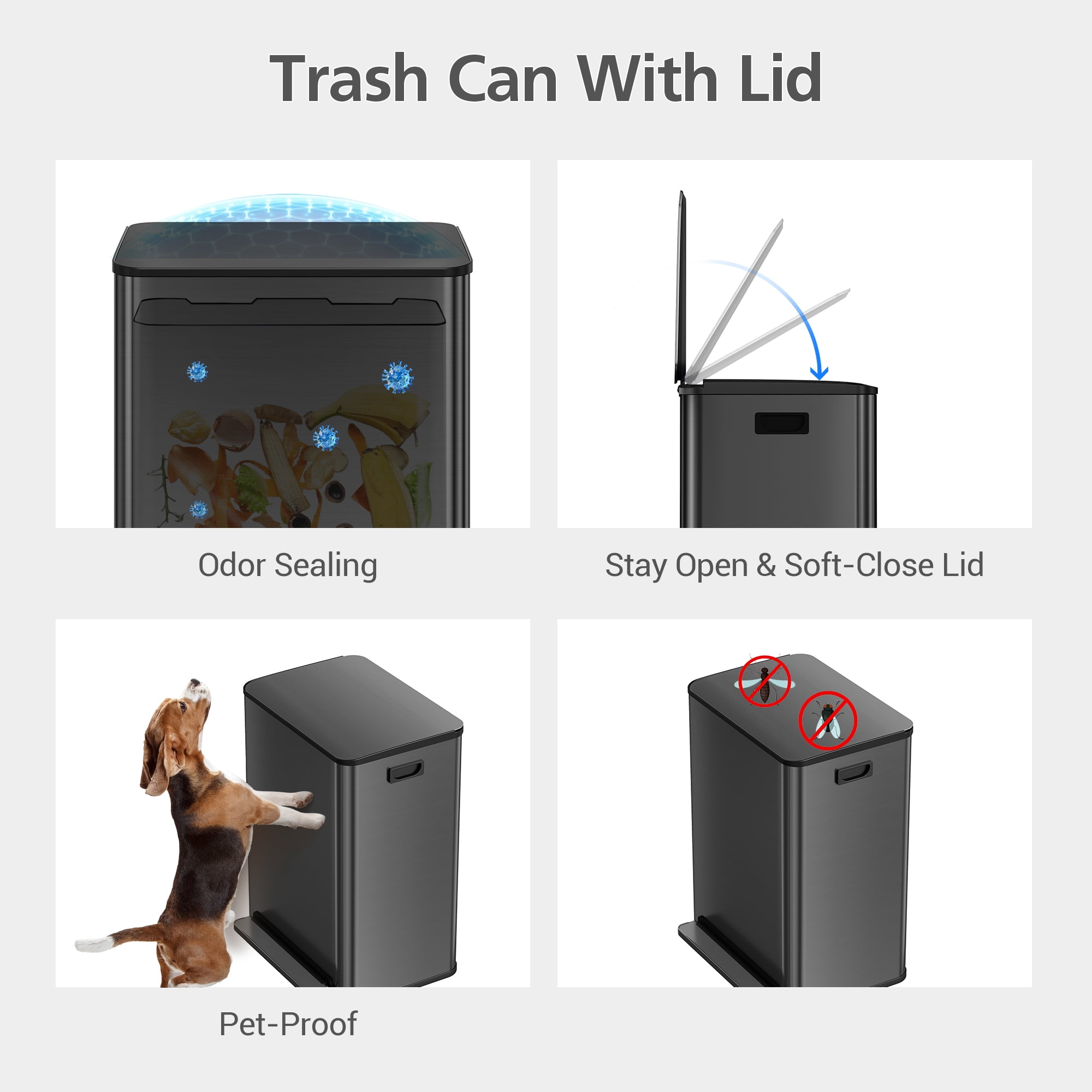JoanKaren 16 Gal Stainless Steel Dual Trash Can with Recycling Bin,Pedal Step-on Compartment Garbage Bin,Black