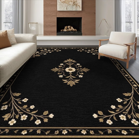 ODIKA 8'x10' Washable Area Rug Black Beige Floral Elegance with Classic Border Ornate Motifs and Symmetrical Design for King Size Bedroom Under Bed, Master Suite, Non-Shedding, Easy Care