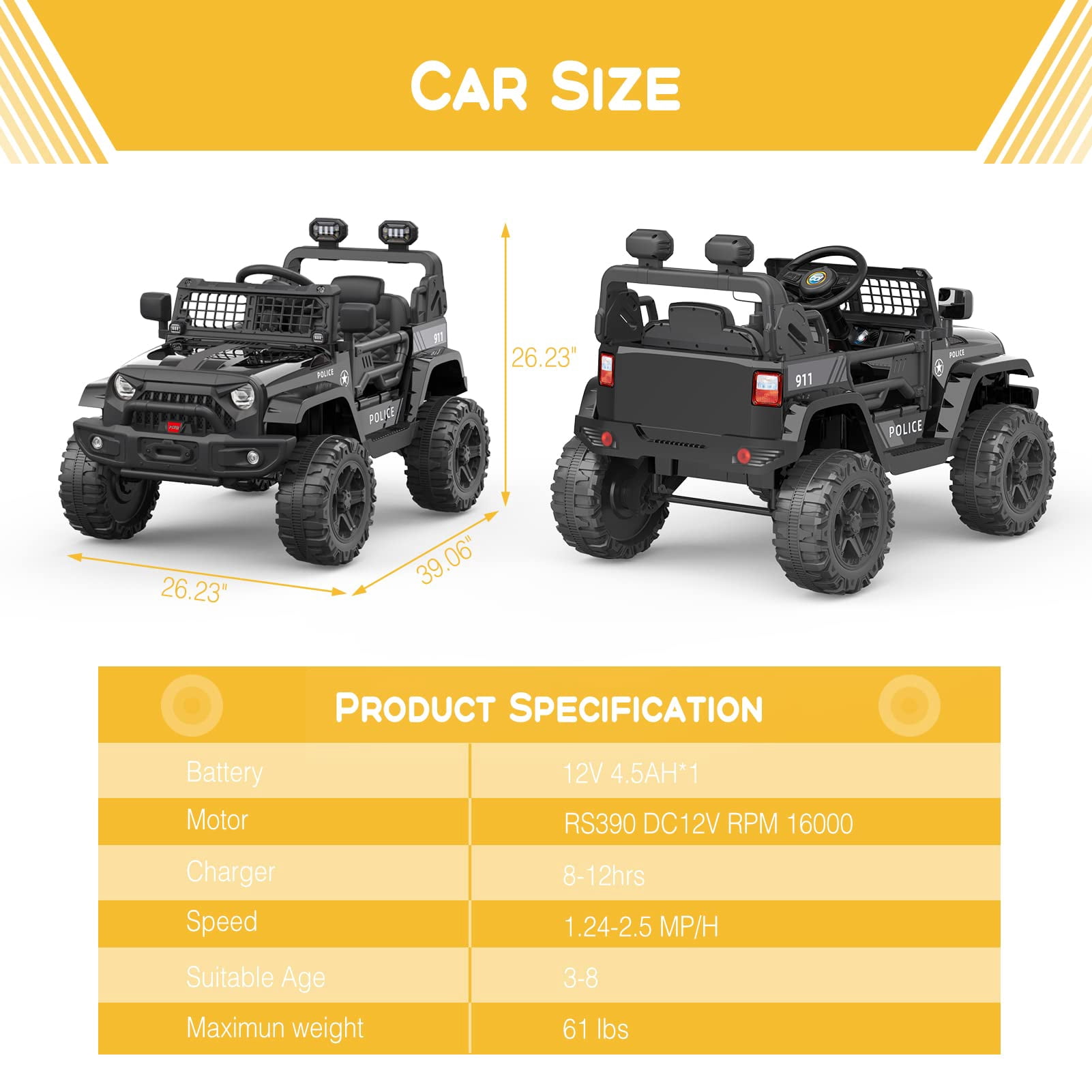 Ride on Truck Car 12V Kids Electric Mini Jeep with Remote Control Spring Suspension, LED Lights, Bluetooth, 2 Speeds (Black)