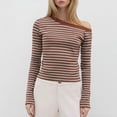 thumbnail image 2 of Tiweut Women Oversized Striped Long Sleeve Shirt Crewneck Tops Off Shoulder Y4K Preppy Sweatshirt Fall Slim Fit Clothes,Z1 Brick Red,S, 2 of 4