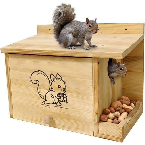 Liwantech Large Cedar Wood Squirrel House with Feeder, Outdoor Anti-Predation Squirrel Nest Box, Backyard Wildlife Shelter