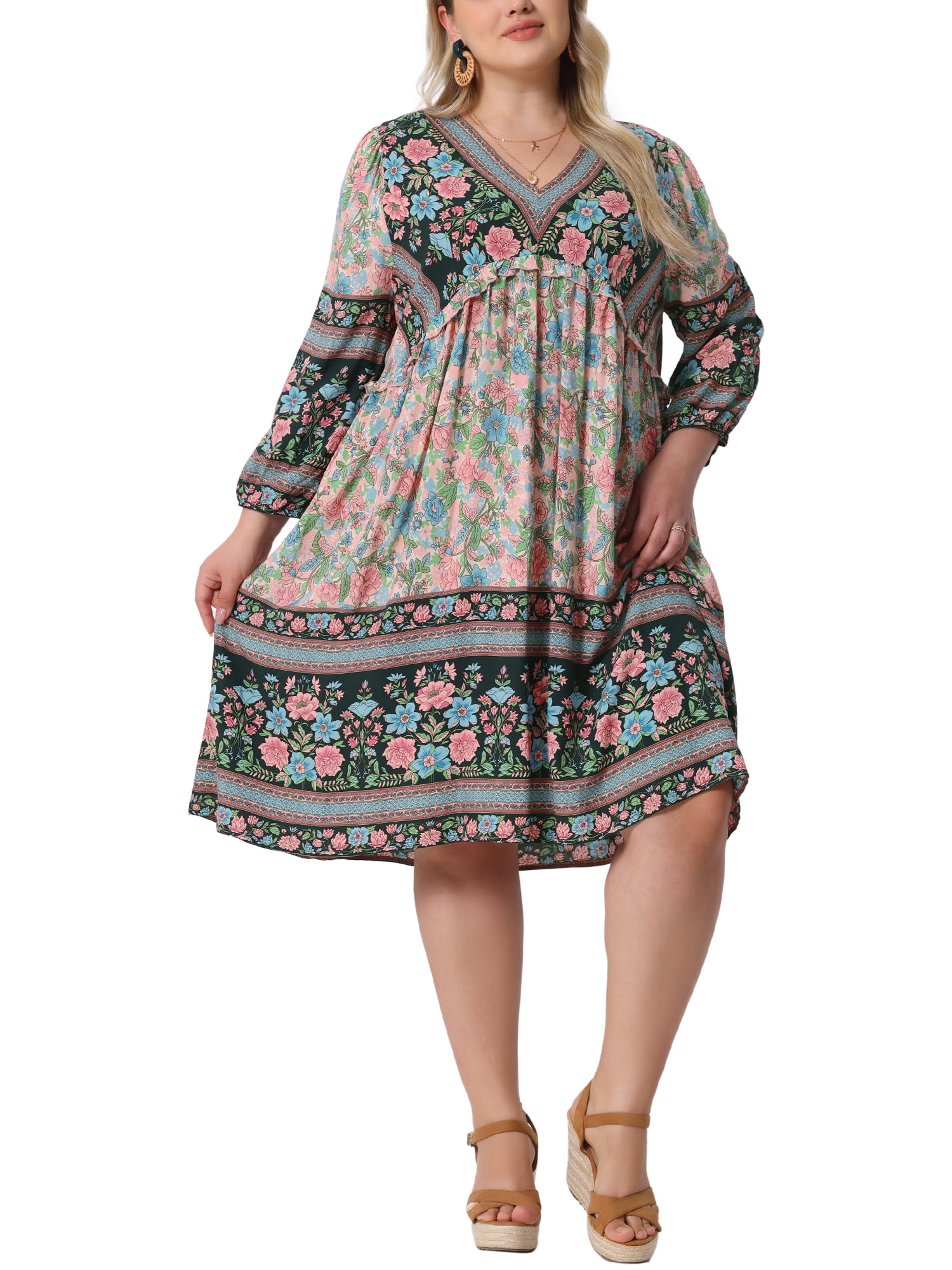 DARING DIVA Women's Plus Size Casual Boho Floral V Neck 3/4 Sleeve Dress 3X Blue Pink