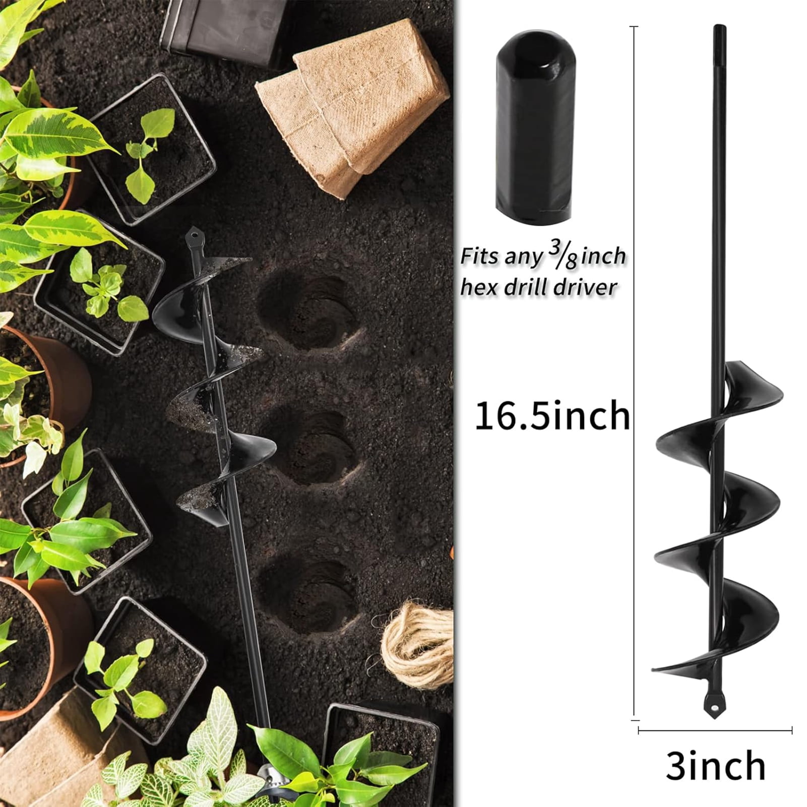 Garden Auger Drill Bit for Planting 4 Pack, 1.6"x9", 1.6"x16.5", 3"x12", 3"x16.5" Heavy Duty Earth Auger Drill Bit Set for Planting Bulbs, Flowers, Umbrella Holes, Post Holes