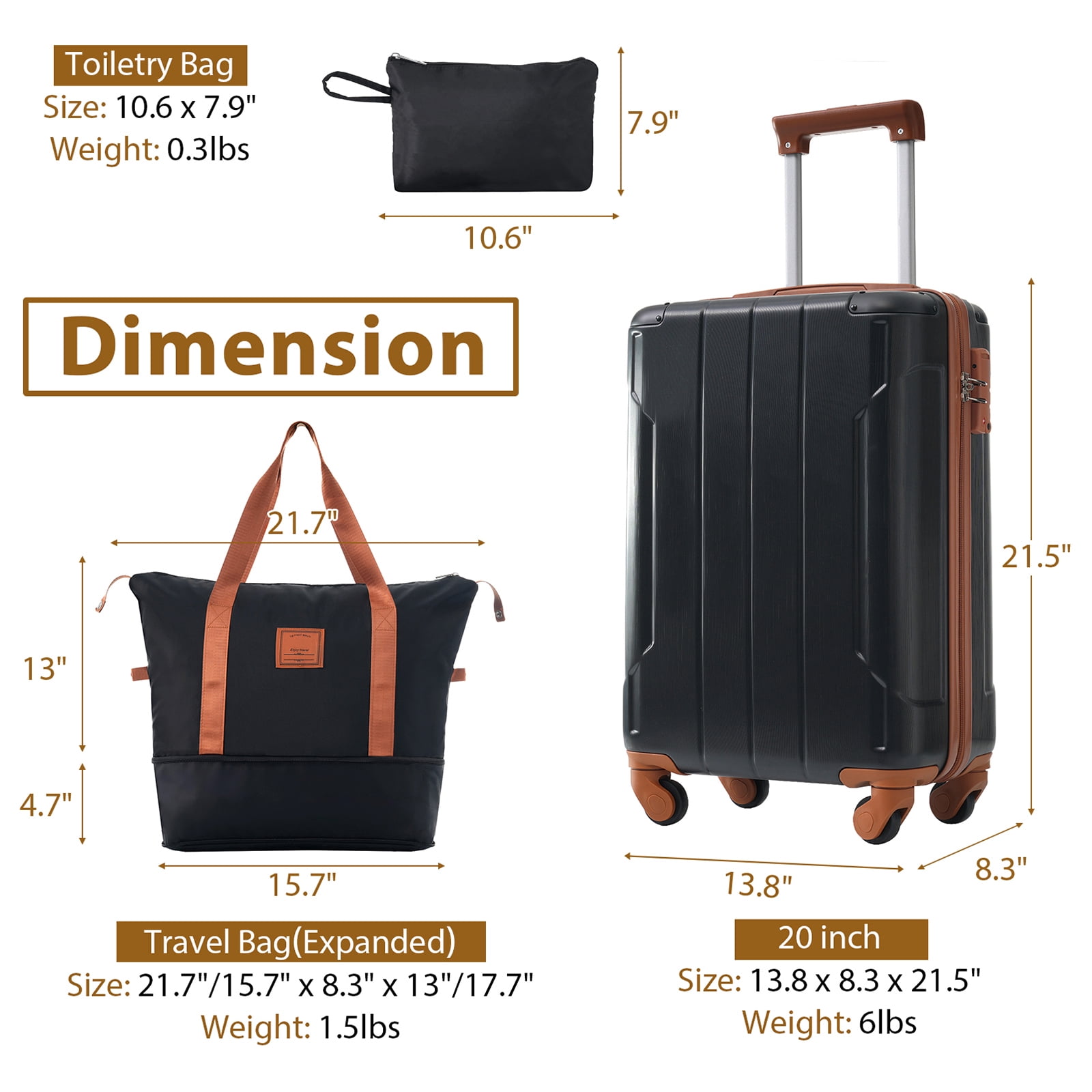 Luggage Sets 3 Piece Lightweight Hardside Rugged Travel Suitcase with Wheels, 22” x 14” x 9” Airline Approved, TSA Lock, Black Brown