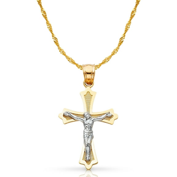 14K Two Tone Gold Jesus Crucifix Cross Pendant with 1.2mm Singapore Chain Chain Necklace