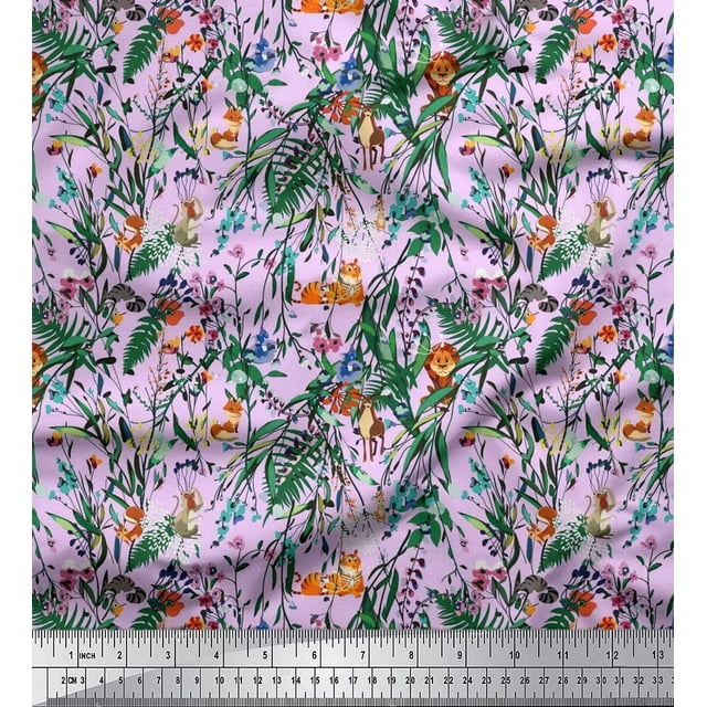 Soimoi Polyester Crepe Fabric Leaves & Cartoon Animals Jungle Fabric Prints by Yard 42 Inch Wide