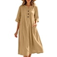 thumbnail image 2 of ClodeEU Women's V Neck Half Button 3/4 Sleeve Linen Cotton Midi Dress with Pockets,Casual Loose Dress Khaki,Women's Plus XL, 2 of 8